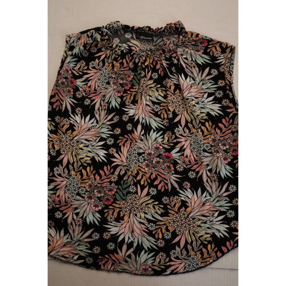 NY Invasion Women Floral Ruffle Neck Sleeveless Blouse Black Pink Peach Tropical
